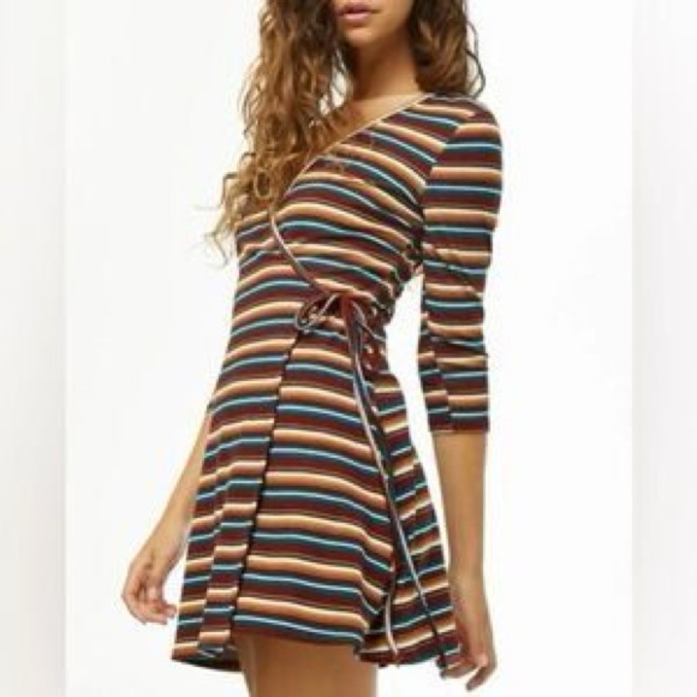 Striped Wrap Long Sleeve Mini Dress Skater Skirt
